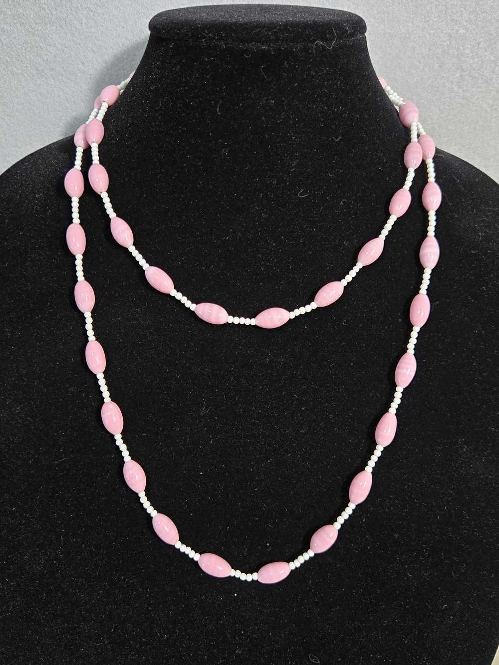 Vintage Pink Slag Glass Necklace 42" Long Opera Strand White Swirls